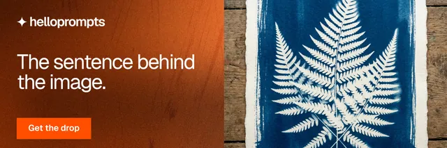 X header for HelloPrompts: "The sentence behind the image." Swiss style, bottom layout, dark palette in orange, black, grey.