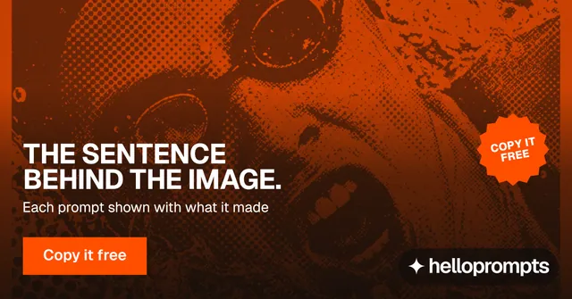 Social ad for HelloPrompts: "The sentence behind the image." Swiss style, sticker layout, dark palette in black, orange, brown.
