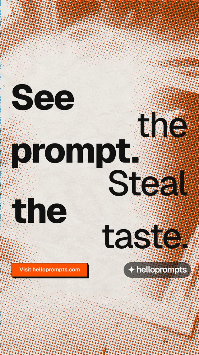 Instagram story for HelloPrompts: "See the prompt. Steal the taste." Brutalist style, stacked layout, light palette in orange, brown.