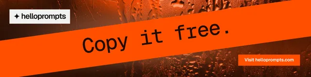 LinkedIn banner for HelloPrompts: "Copy it free." Swiss style, diagonal layout, dark palette in orange.
