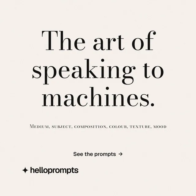 Instagram post for HelloPrompts: "The art of speaking to machines." Minimal luxury style, smallcaps layout, light palette in white.