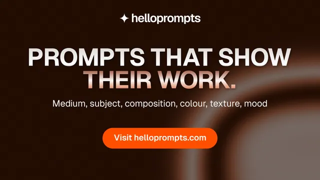 Landscape graphic for HelloPrompts: "Prompts that show their work." Y2K style, centred layout, dark palette in black, grey, orange.