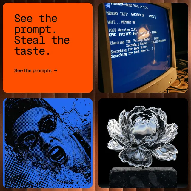Instagram post for HelloPrompts: "See the prompt. Steal the taste." Agentic glass style, collage layout, dark palette in black, orange, blue.