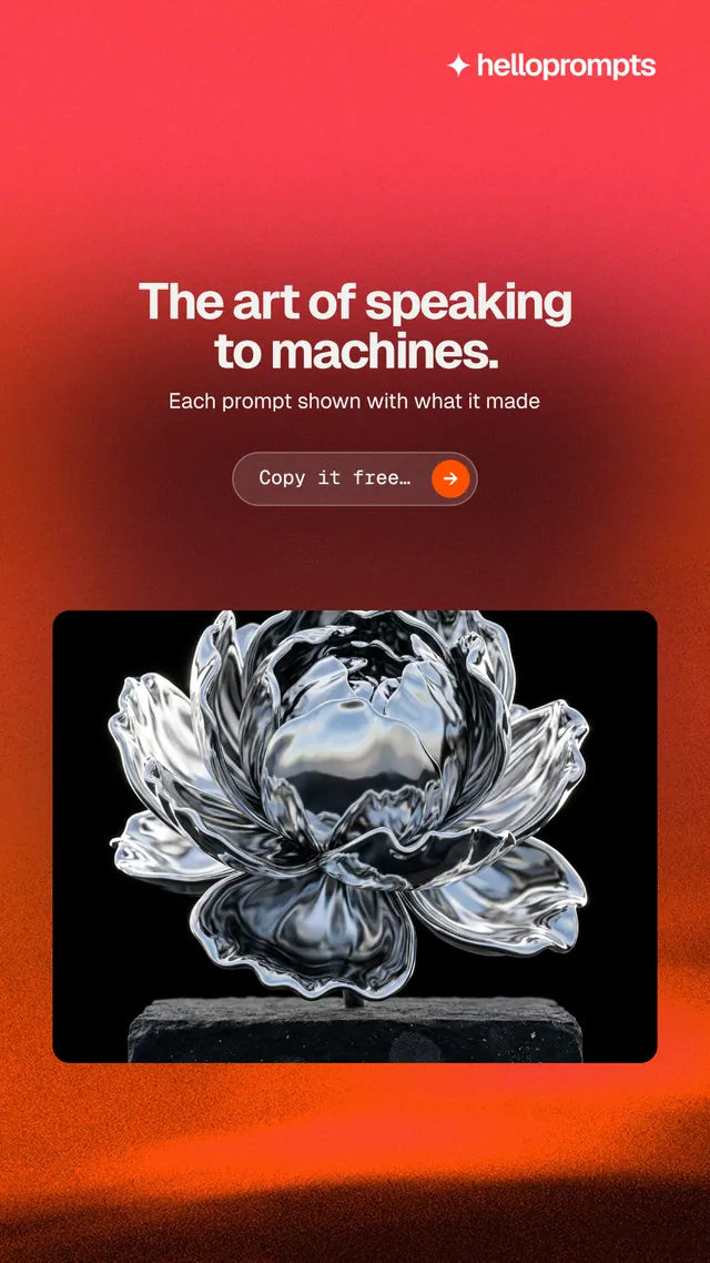 Instagram story for HelloPrompts: "The art of speaking to machines." Agentic glass style, centred layout, dark palette in red, black, grey.