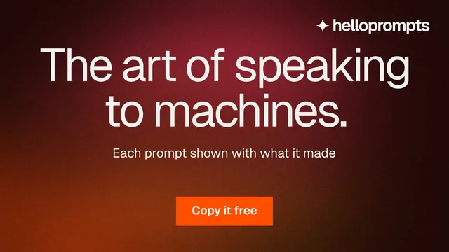 Landscape graphic for HelloPrompts: "The art of speaking to machines." Swiss style, centred layout, dark palette in black, red.