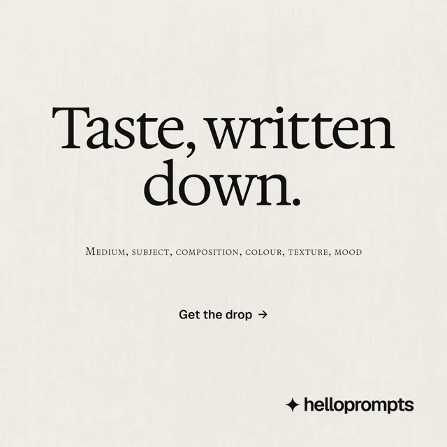 Instagram post for HelloPrompts: "Taste, written down." Swiss style, smallcaps layout, light palette in yellow, orange, grey.