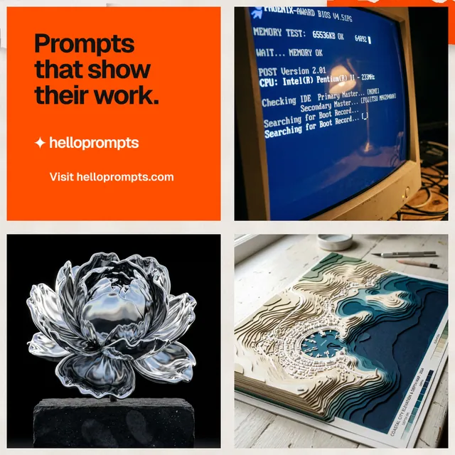 Instagram post for HelloPrompts: "Prompts that show their work." Swiss style, collage layout, dark palette in black, brown, orange.