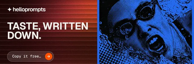 X header for HelloPrompts: "Taste, written down." Agentic glass style, bottom layout, dark palette in red, black, blue.