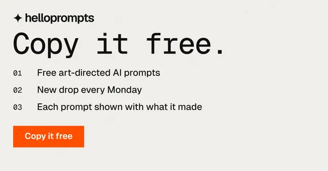 Social ad for HelloPrompts: "Copy it free." Swiss style, numbered layout, light palette in white, orange.