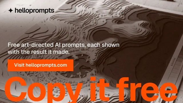 Landscape graphic for HelloPrompts: "Say it like an art director." Swiss style, oversized layout, dark palette in orange, grey.