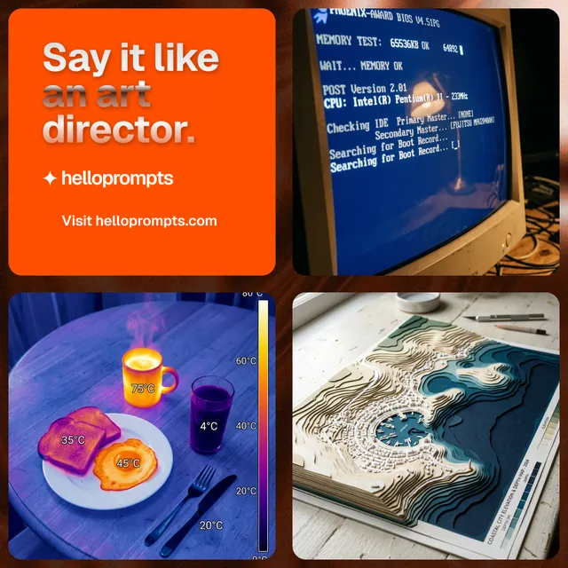 Instagram post for HelloPrompts: "Say it like an art director." Y2K style, collage layout, dark palette in blue, red, orange.
