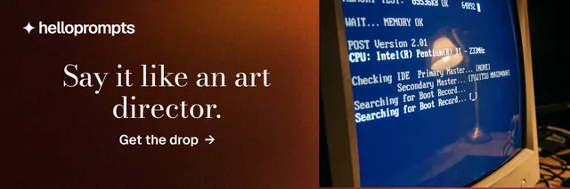 X header for HelloPrompts: "Say it like an art director." Minimal luxury style, skeleton layout, dark palette in orange, black, blue.