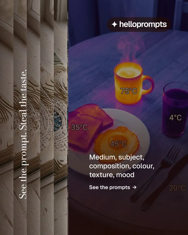 Instagram portrait post for HelloPrompts: "See the prompt. Steal the taste." Minimal luxury style, vertical layout, dark palette in black, grey, pink.