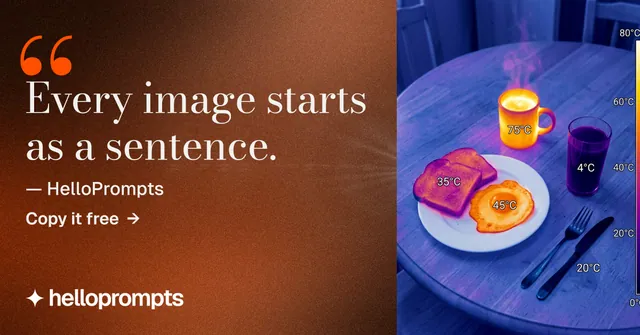 Social ad for HelloPrompts: "The sentence behind the image." Minimal luxury style, quote layout, dark palette in red, blue, purple.