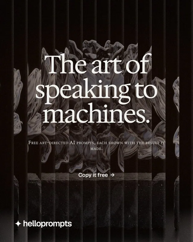 Instagram portrait post for HelloPrompts: "The art of speaking to machines." Agentic glass style, smallcaps layout, dark palette in black, grey.