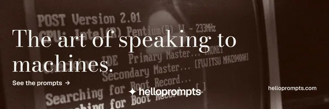 X header for HelloPrompts: "The art of speaking to machines." Minimal luxury style, poster layout, dark palette in orange, grey, black.