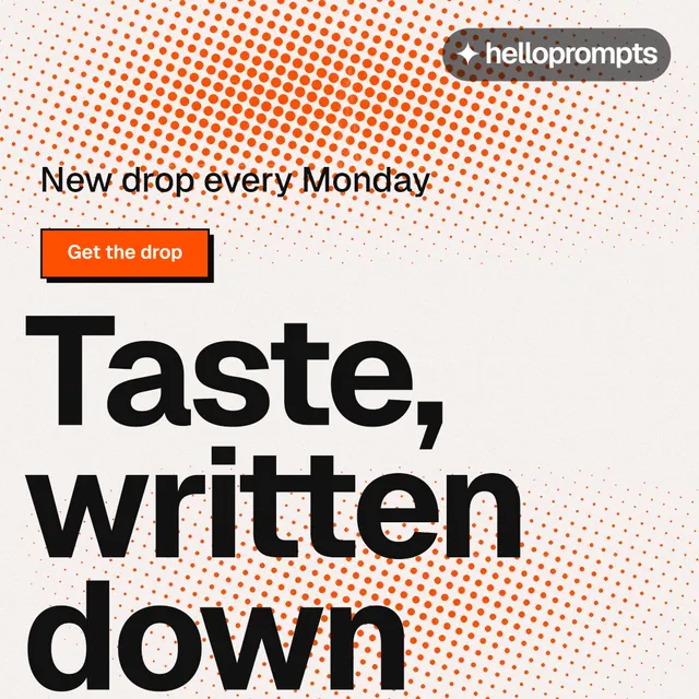 Instagram post for HelloPrompts: "Say it like an art director." Brutalist style, oversized layout, light palette in orange, white, grey.