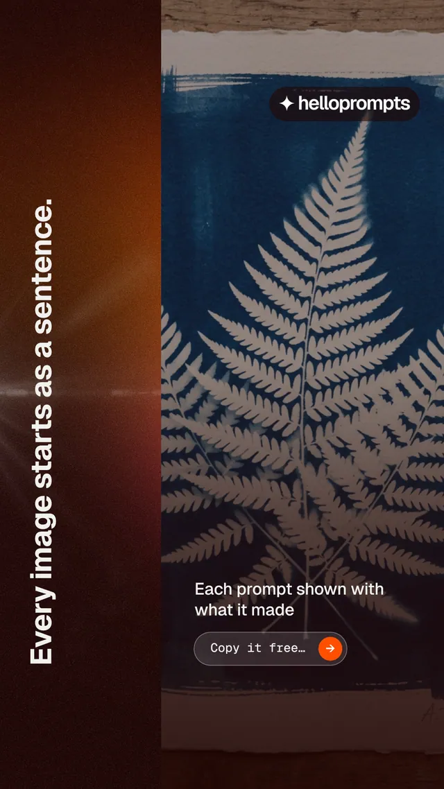Instagram story for HelloPrompts: "Every image starts as a sentence." Agentic glass style, vertical layout, dark palette in black, red, grey.