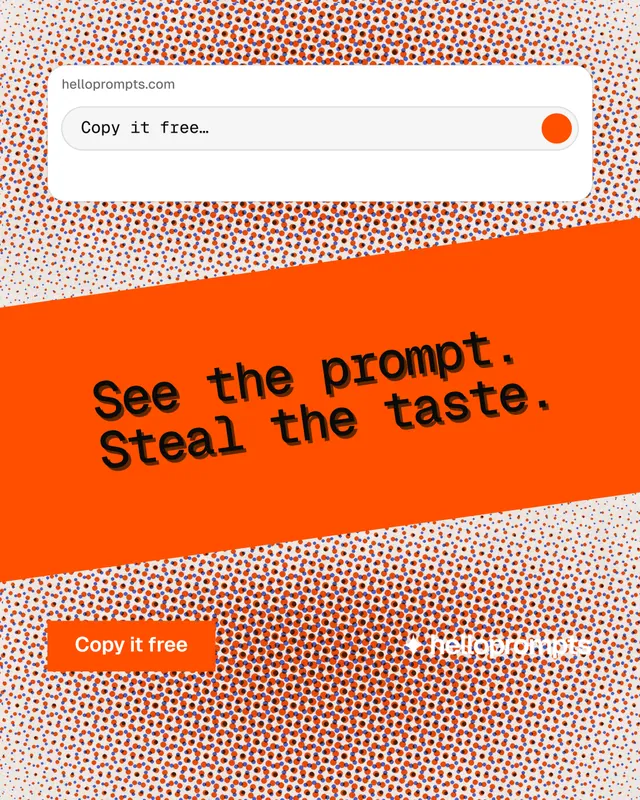 Instagram portrait post for HelloPrompts: "See the prompt. Steal the taste." Swiss style, diagonal layout, light palette in red, orange.