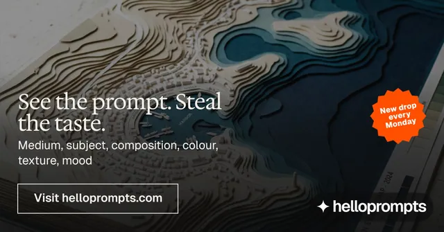 Social ad for HelloPrompts: "See the prompt. Steal the taste." Editorial style, sticker layout, dark palette in black, grey.
