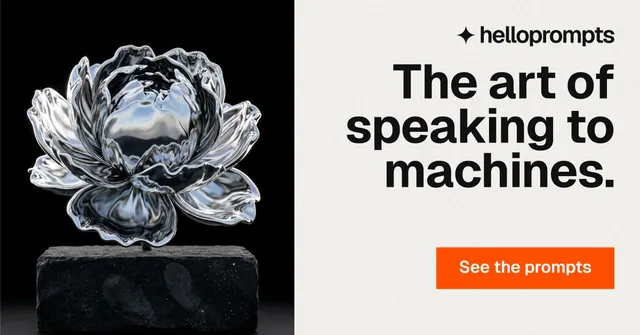Social ad for HelloPrompts: "The art of speaking to machines." Swiss style, right layout, light palette in white, black, grey.