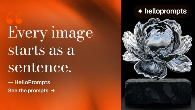 Landscape graphic for HelloPrompts: "The sentence behind the image." Minimal luxury style, quote layout, dark palette in orange, black, grey.