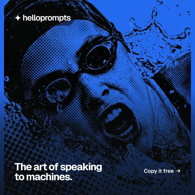 Instagram post for HelloPrompts: "The art of speaking to machines." Swiss style, image led layout, dark palette in blue, black.