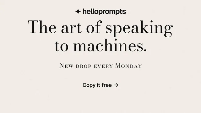 Landscape graphic for HelloPrompts: "The art of speaking to machines." Minimal luxury style, smallcaps layout, light palette in white, grey.
