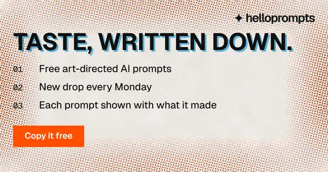 Social ad for HelloPrompts: "Taste, written down." Retro print style, numbered layout, light palette in orange, grey.