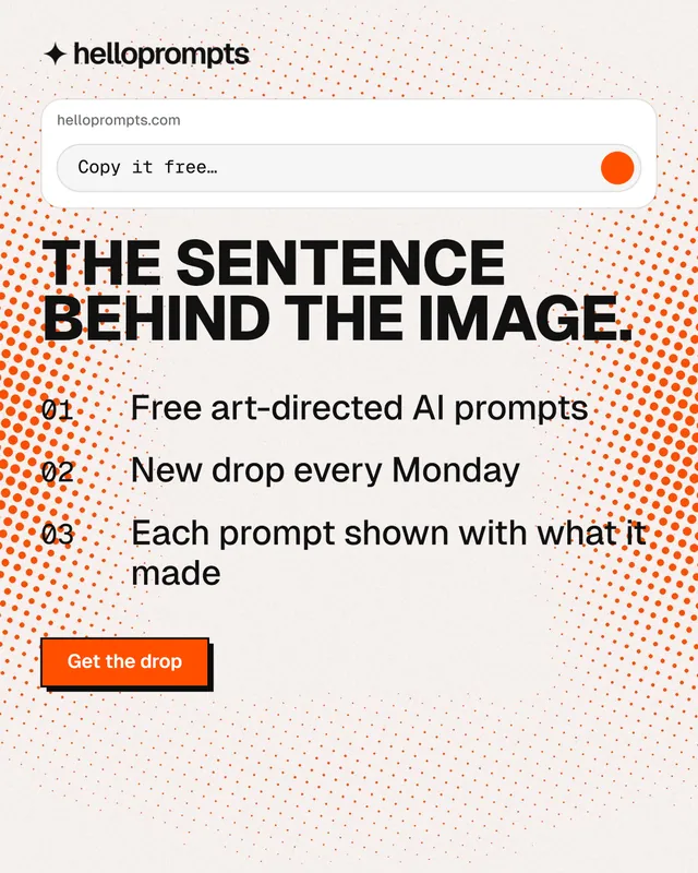 Instagram portrait post for HelloPrompts: "The sentence behind the image." Brutalist style, numbered layout, light palette in white, orange.
