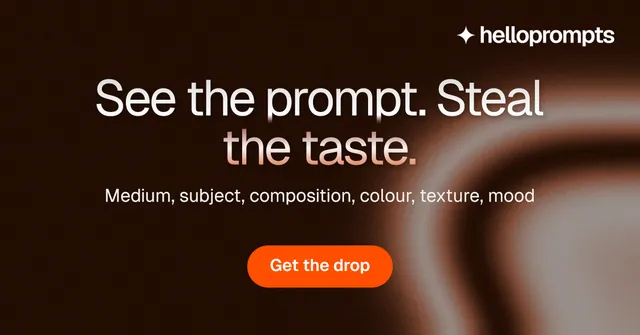 Social ad for HelloPrompts: "See the prompt. Steal the taste." Y2K style, centred layout, dark palette in black, grey, orange.