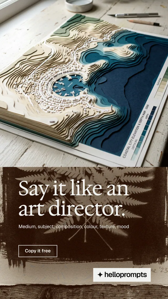 Instagram story for HelloPrompts: "Say it like an art director." Editorial style, bottom layout, light palette in orange, grey, white.