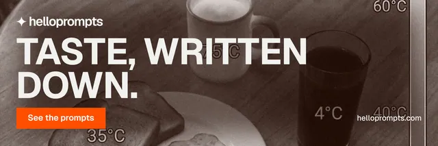 X header for HelloPrompts: "Taste, written down." Swiss style, poster layout, dark palette in orange, grey.