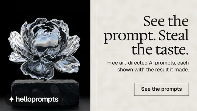 Landscape graphic for HelloPrompts: "See the prompt. Steal the taste." Editorial style, right layout, light palette in black, white, grey.