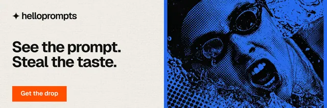 X header for HelloPrompts: "See the prompt. Steal the taste." Swiss style, bottom layout, light palette in blue, black, yellow.
