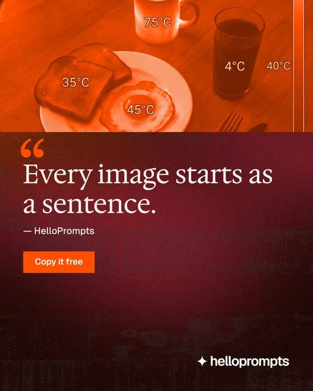 Instagram portrait post for HelloPrompts: "The sentence behind the image." Swiss style, quote layout, dark palette in red, black, orange.