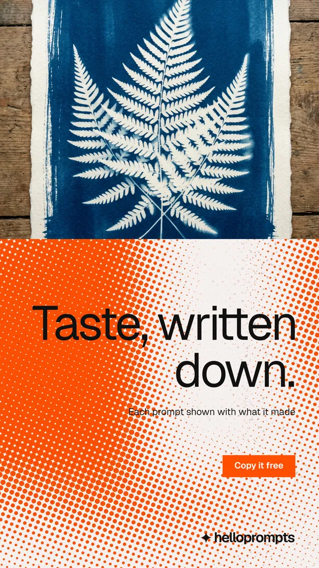 Instagram story for HelloPrompts: "Taste, written down." Split block style, right layout, light palette in blue, orange, white.