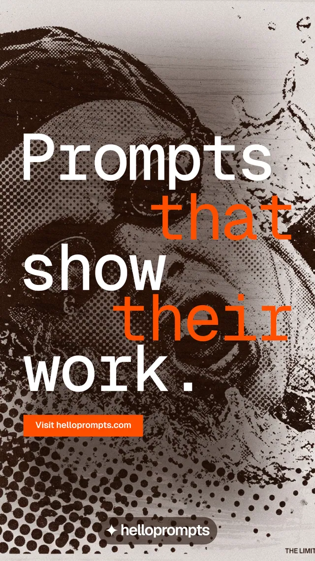 Instagram story for HelloPrompts: "Prompts that show their work." Swiss style, stacked layout, dark palette in orange, grey, white.