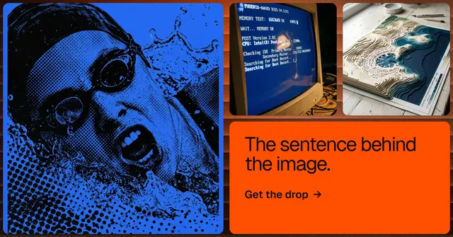 Social ad for HelloPrompts: "The sentence behind the image." Agentic glass style, collage layout, dark palette in blue, red, orange.