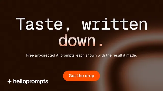 Landscape graphic for HelloPrompts: "Taste, written down." Y2K style, centred layout, dark palette in black, orange.