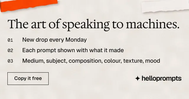 Social ad for HelloPrompts: "The art of speaking to machines." Editorial style, numbered layout, light palette in orange.