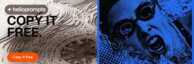 X header for HelloPrompts: "Copy it free." Photo poster style, bottom layout, dark palette in blue, black, grey.