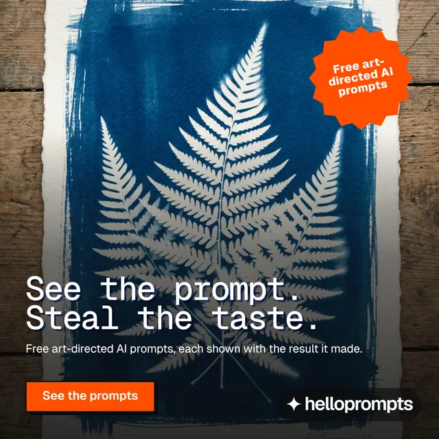 Instagram post for HelloPrompts: "See the prompt. Steal the taste." Brutalist style, sticker layout, dark palette in black, blue, grey.