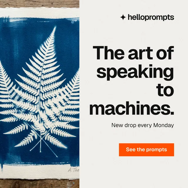 Instagram post for HelloPrompts: "The art of speaking to machines." Swiss style, right layout, light palette in white, blue, grey.