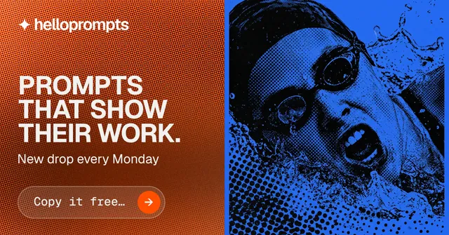 Social ad for HelloPrompts: "Prompts that show their work." Agentic glass style, bottom layout, dark palette in orange, blue, grey.