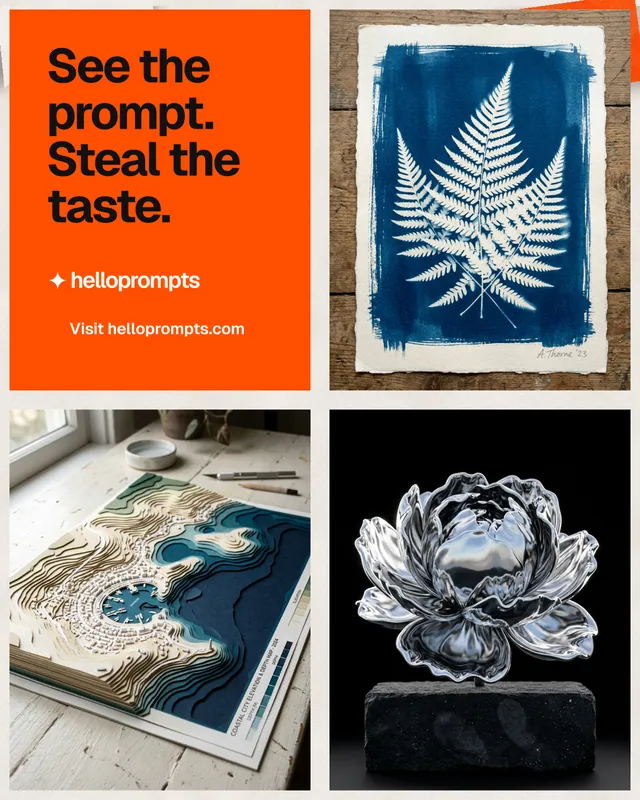 Instagram portrait post for HelloPrompts: "See the prompt. Steal the taste." Swiss style, collage layout, light palette in black, orange, grey.