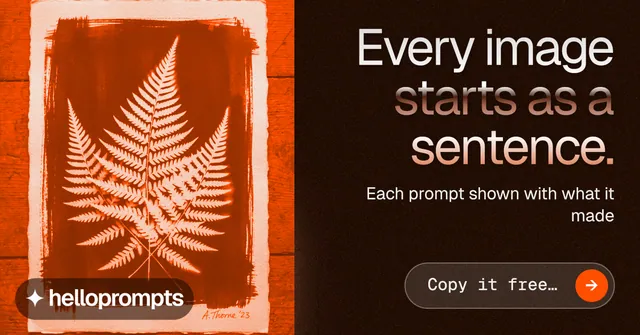 Social ad for HelloPrompts: "Every image starts as a sentence." Agentic glass style, right layout, dark palette in orange, black.