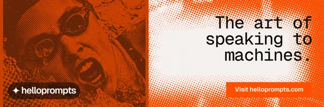 X header for HelloPrompts: "The art of speaking to machines." Retro print style, right layout, light palette in orange, white.