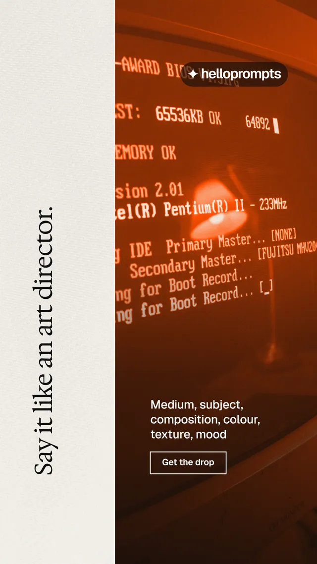 Instagram story for HelloPrompts: "Say it like an art director." Editorial style, vertical layout, light palette in orange, yellow.