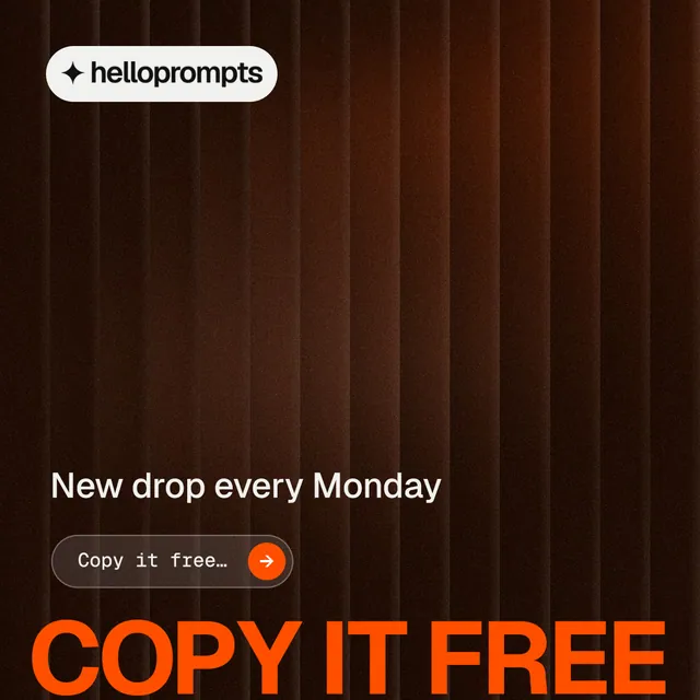 Instagram post for HelloPrompts: "Copy it free." Agentic glass style, oversized layout, dark palette in black, orange, brown.